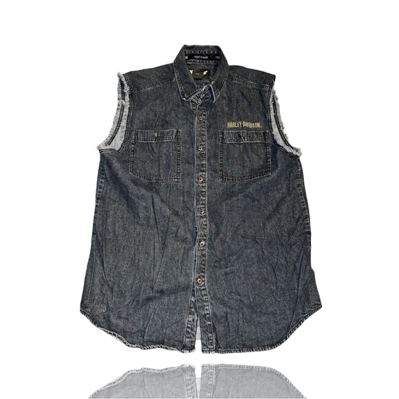 Harley-Davidson Motorcycle Club: Sleeveless Button Up Denim Shirt: Mens Large - Picture 2 of 5